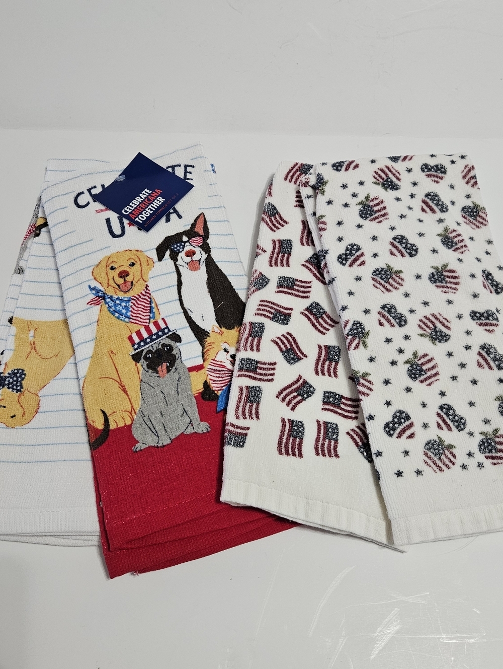 4 Patriotic July 4th Kitchen Hand Towels Stars & Stripes Red White & Blue (2) Ne